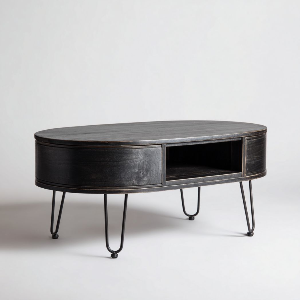 Table basse ovale noire avec compartiment de rangement et support en métal noir