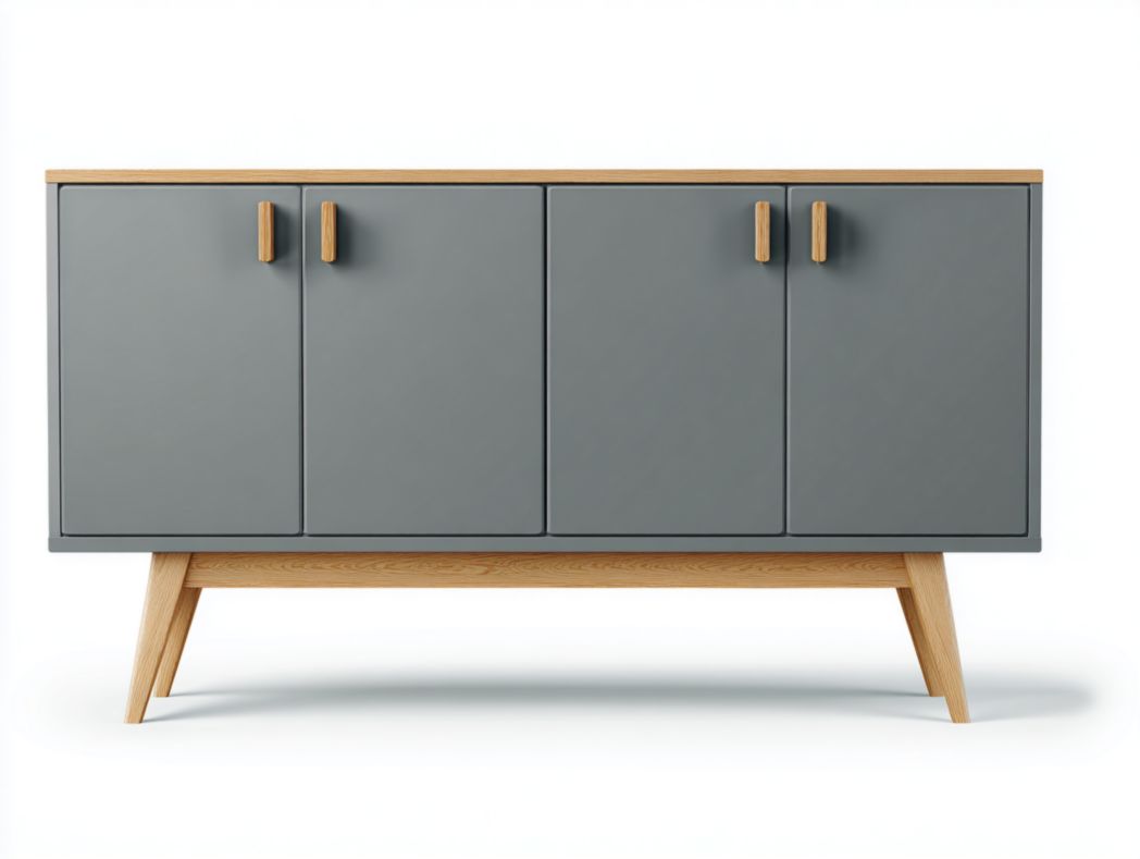 Meuble TV gris à quatre portes avec poignées et pieds brun clair