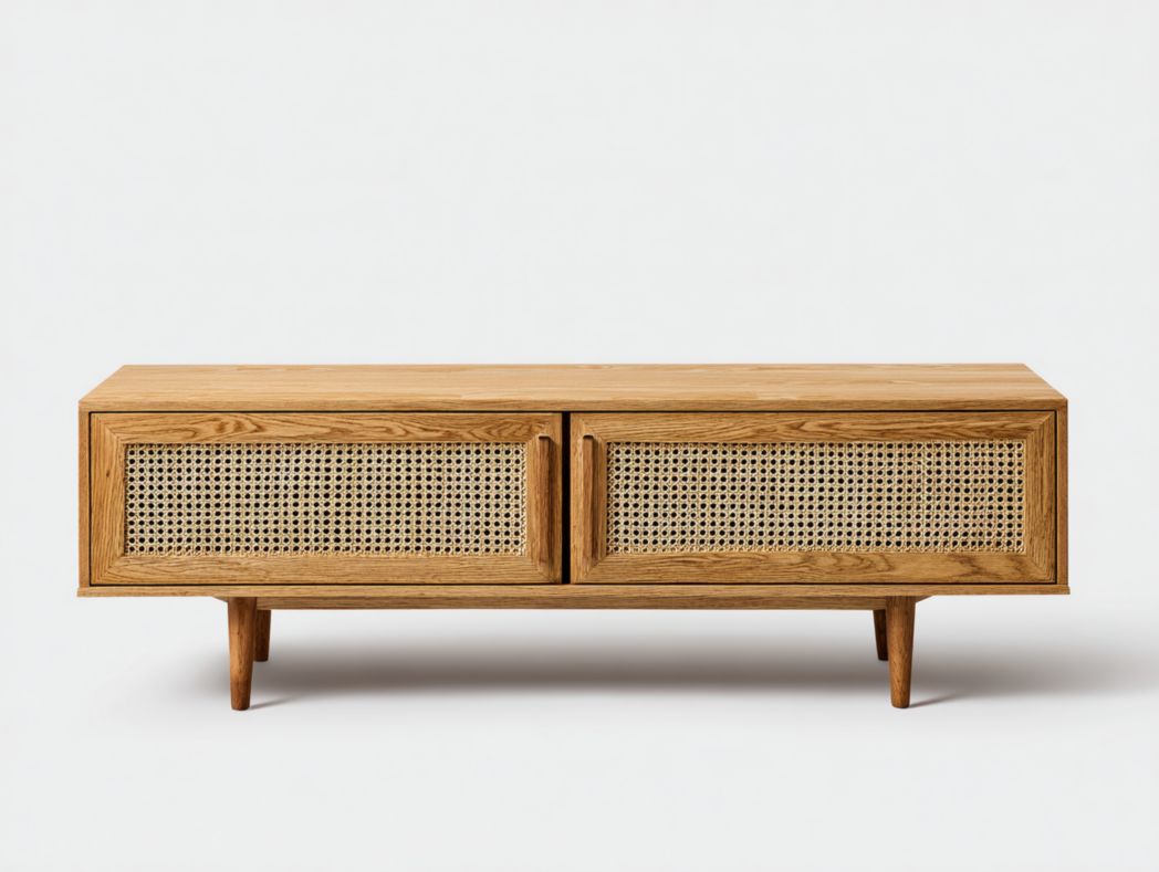 Meuble TV en bois brun clair avec portes en rotin beige et espace de rangement