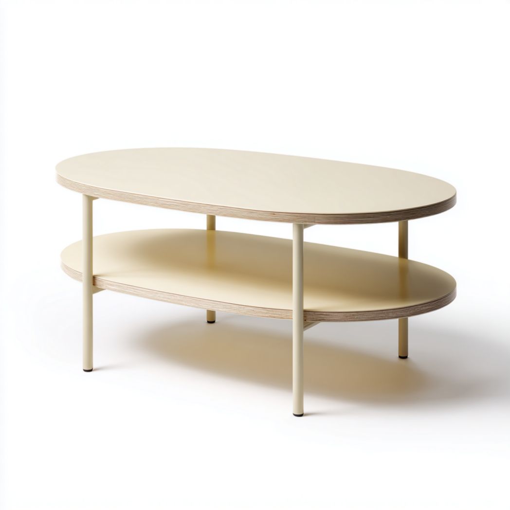 Table basse ovale à deux niveaux beige avec pieds en métal tubulaire