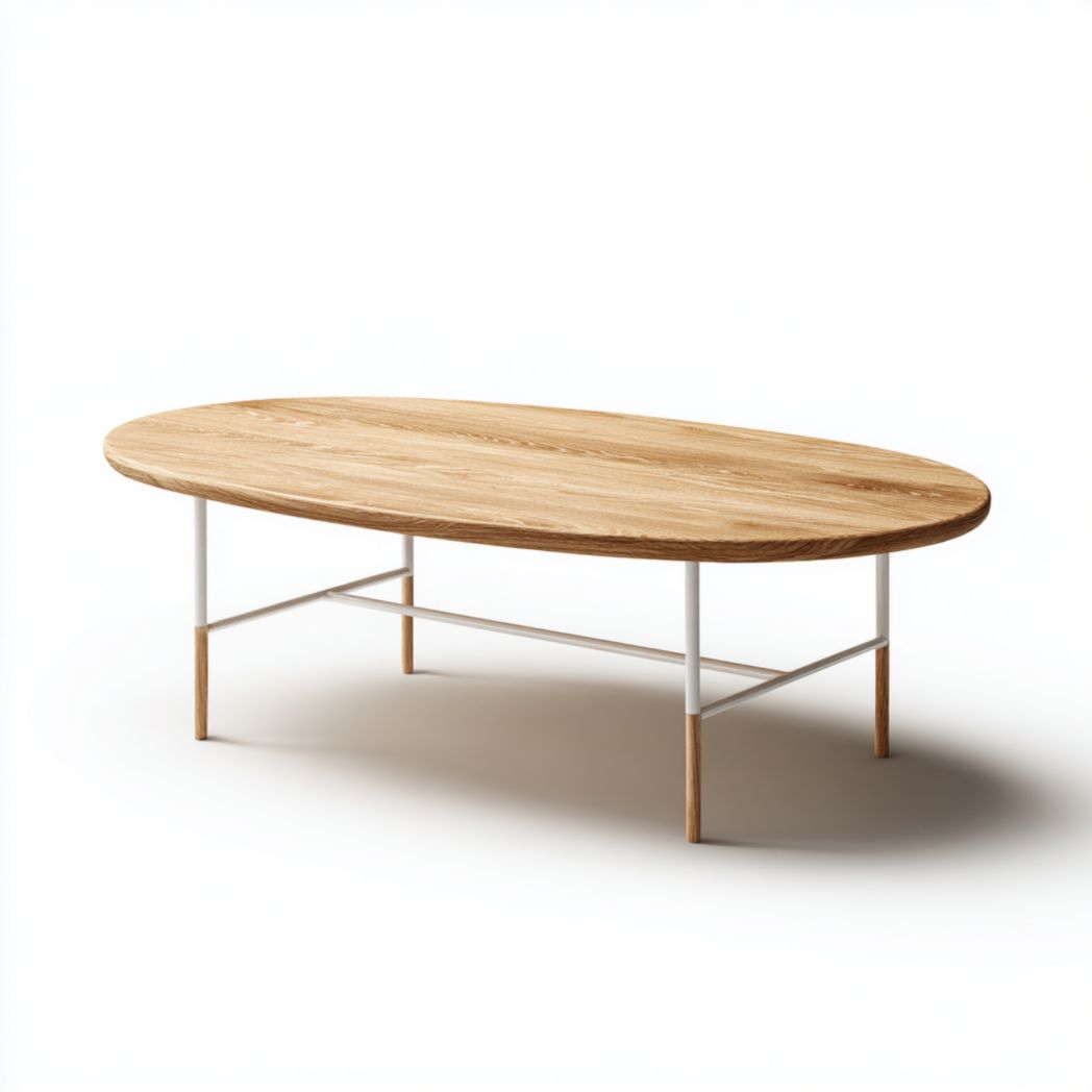 Table basse ovale plateau brun clair avec pieds métalliques blancs et extrémités brunes claires