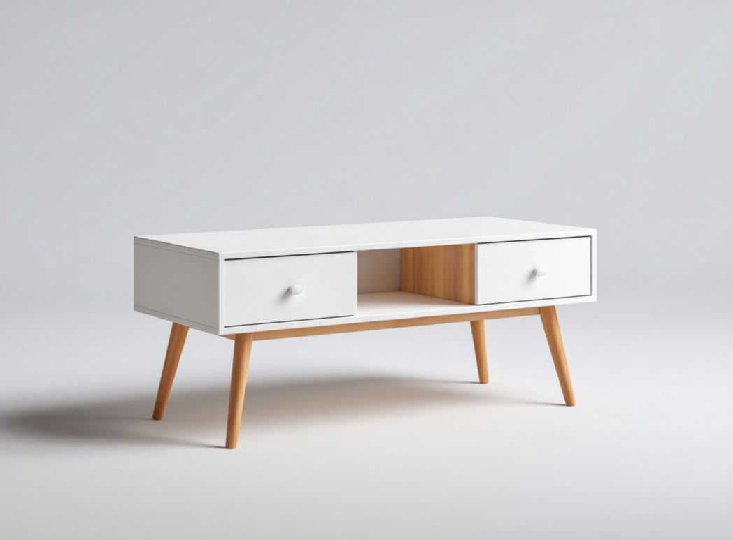 Table basse rectangulaire blanche et brun clair avec deux tiroirs et compartiment ouvert