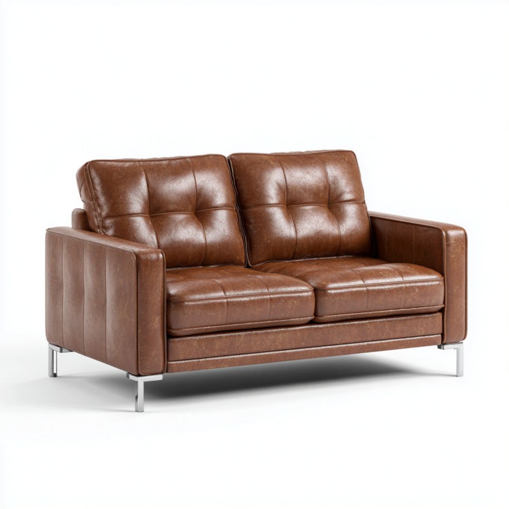 Canapé 2 places en cuir synthétique brun avec surpiqûres carrées et pieds en métal argenté