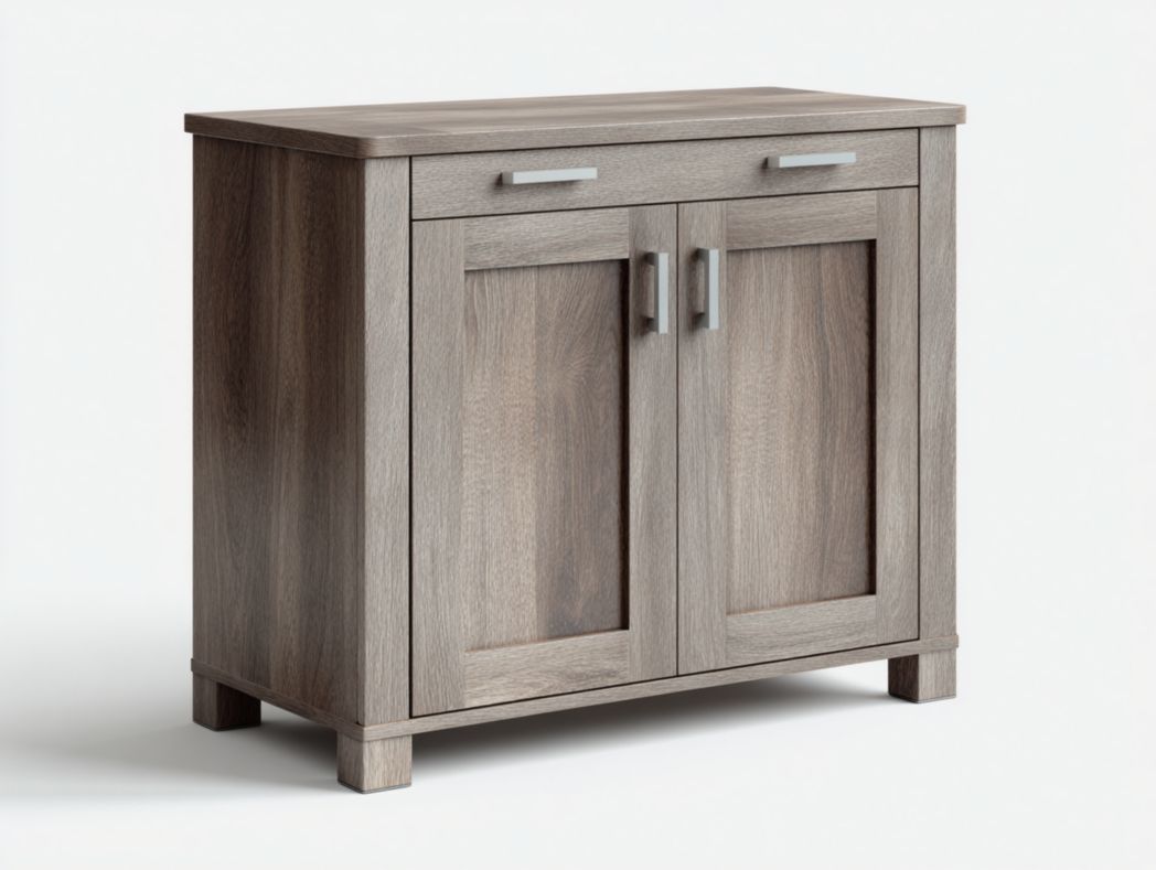 Meuble à chaussures gris à deux portes avec poignées en métal argenté