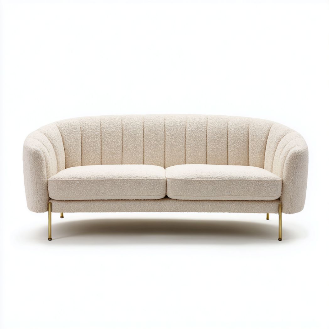 Canapé 2 places blanc cassé en tissu effet bouclette dossier à coutures verticales pieds en métal doré