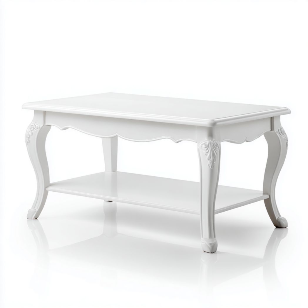 Table basse rectangulaire blanche avec pieds sculptés et étagère inférieure