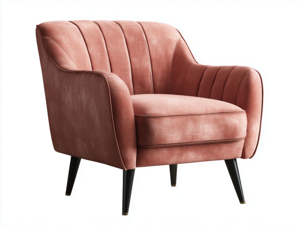 Fauteuil en velours rose avec dossier à coutures verticales et pieds en métal noir