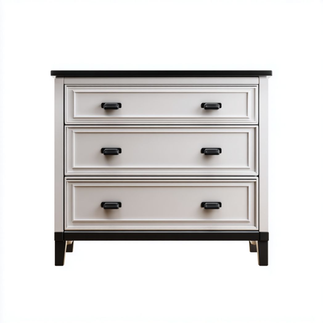 Commode blanc cassé à trois tiroirs avec plateau et poignées en métal noir