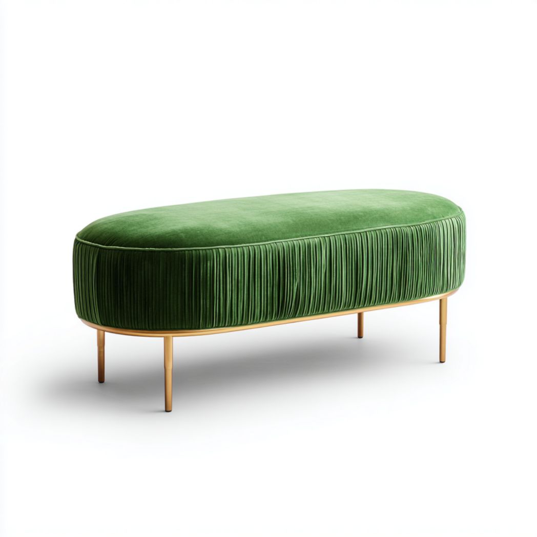 Banquette ovale en velours vert avec base en métal doré