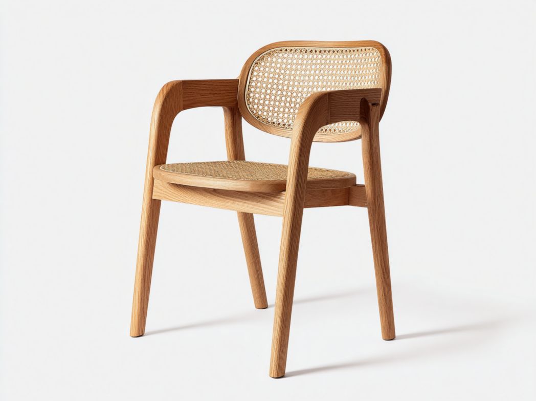 Chaise en bois brun clair avec accoudoirs et dossier en rotin beige