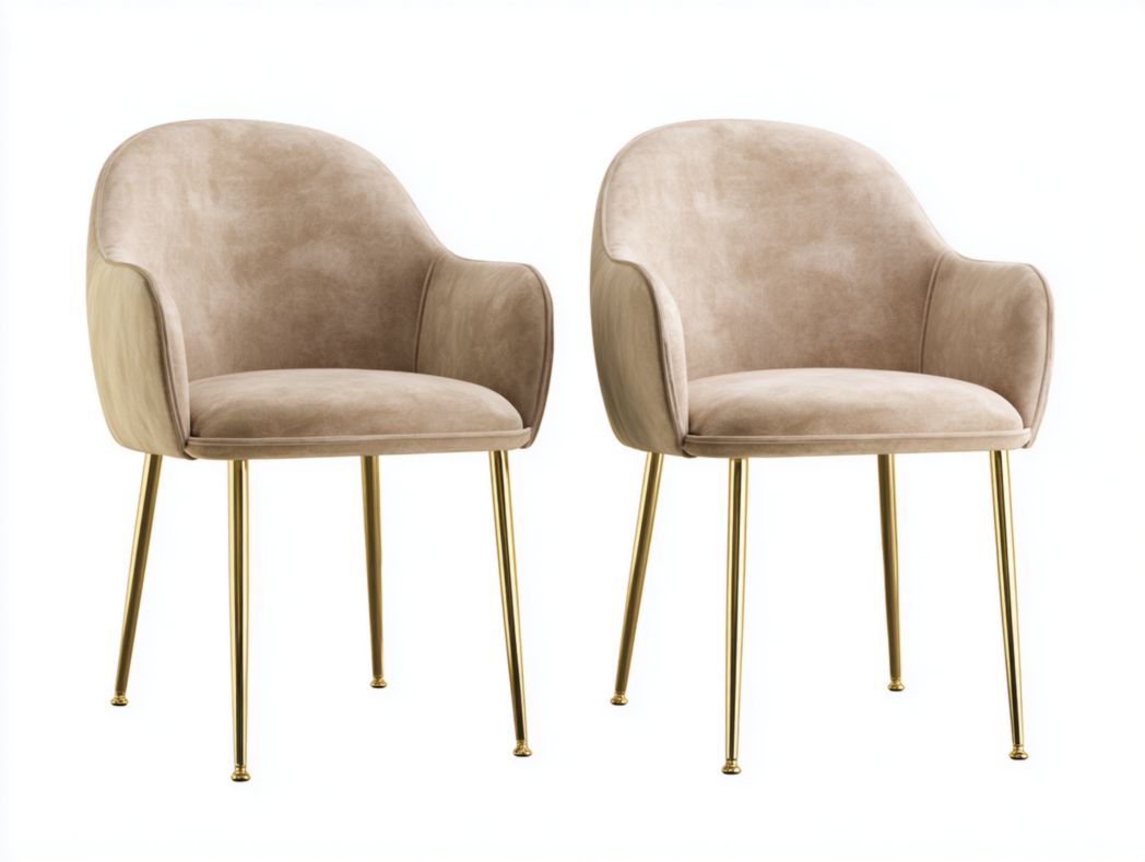 Lot de 2 chaises de salle à manger en velours beige brun avec pieds ronds en métal doré