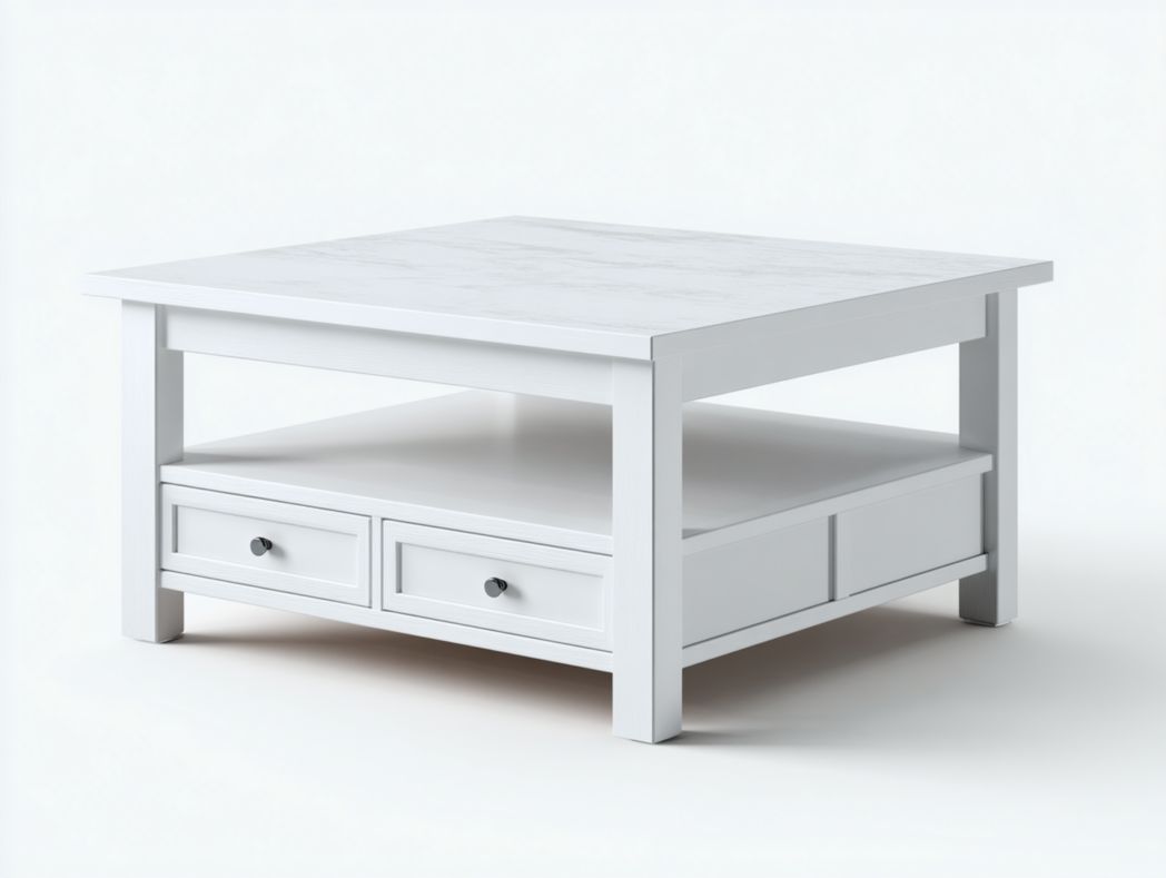 Table basse carrée en MDF blanche avec étagère inférieure et deux tiroirs