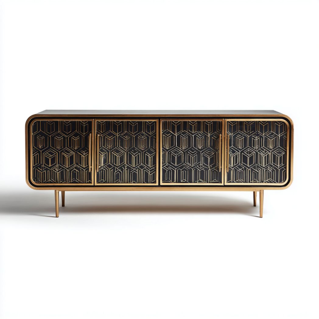 Meuble TV noir et doré à motifs géométriques avec quatre portes