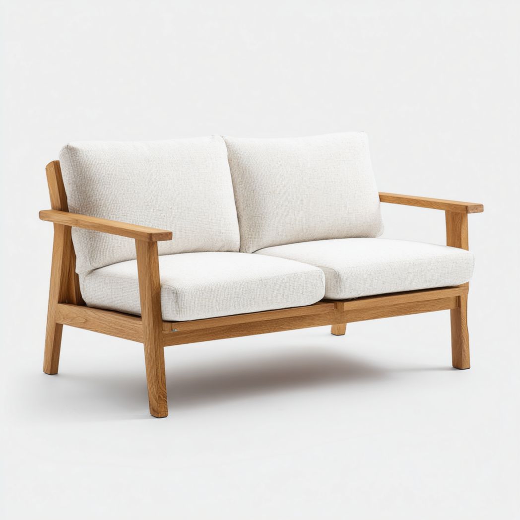 Canapé droit en tissu blanc, structure en bois massif avec dossier double