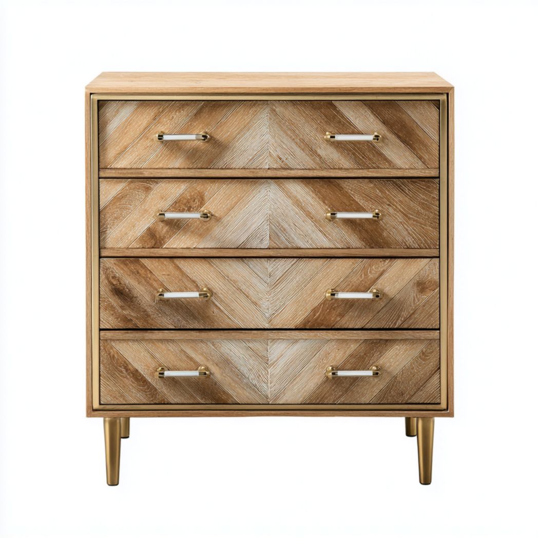 Commode 4 tiroirs | caisson en bois et façades à motif chevron | poignées métalliques | pieds droits en métal doré