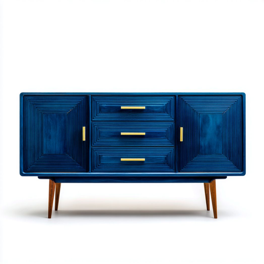 Buffet 2 portes et 3 tiroirs — structure en bois bleu avec façades à reliefs linéaires et poignées métalliques
