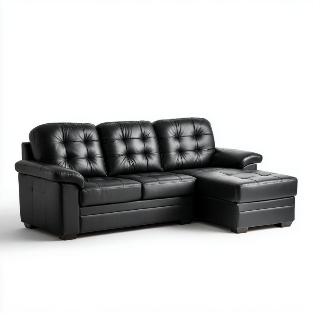 Canapé d'angle en cuir noir, forme en L, dossier et assise capitonnés