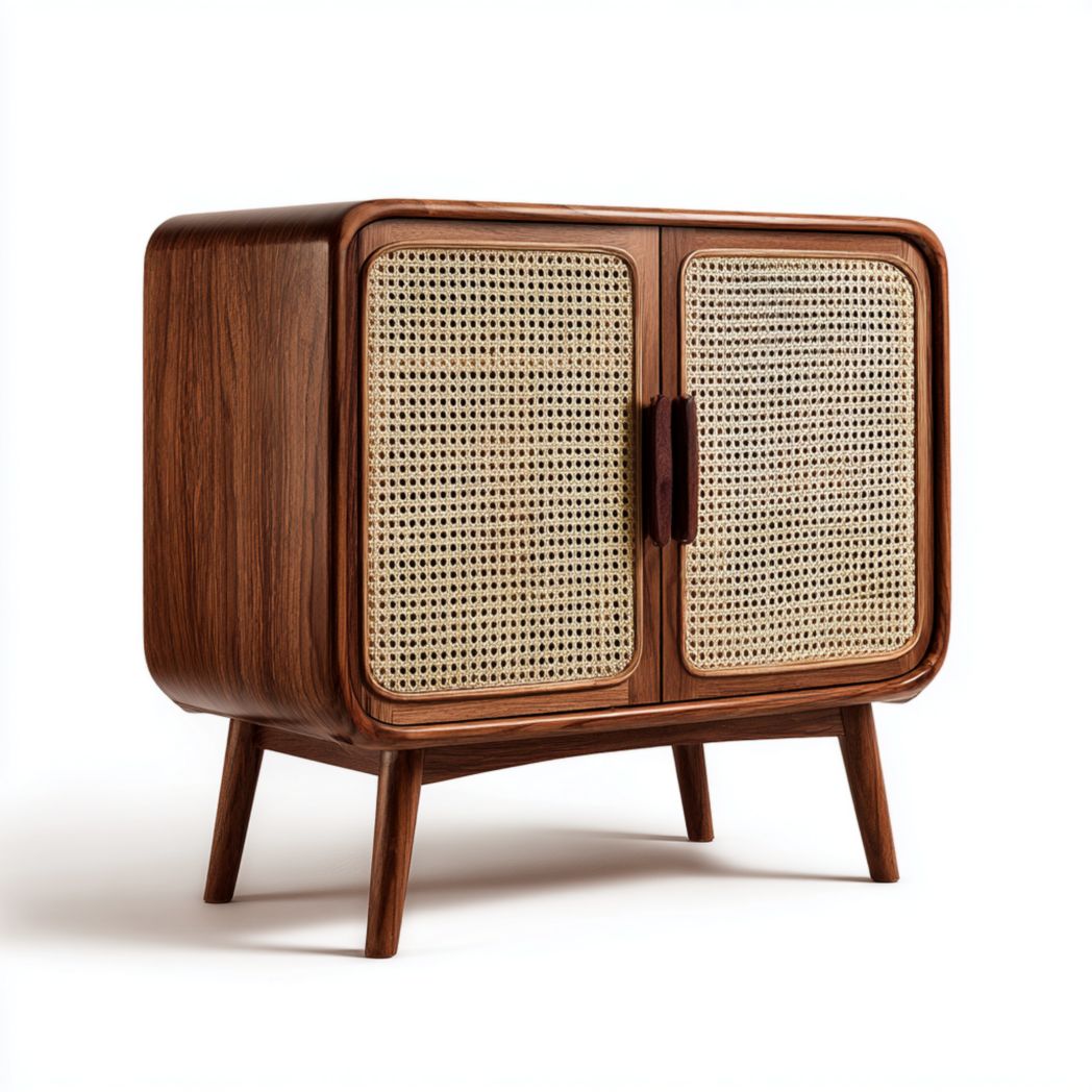 Buffet 2 portes — corps en bois avec façades en rotin et pieds inclinés