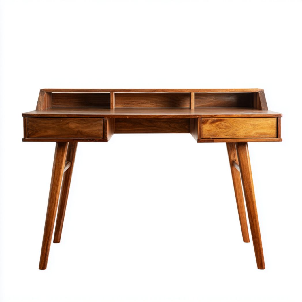 Bureau rectangulaire en bois couleur noyer avec tiroirs et compartiments supérieurs