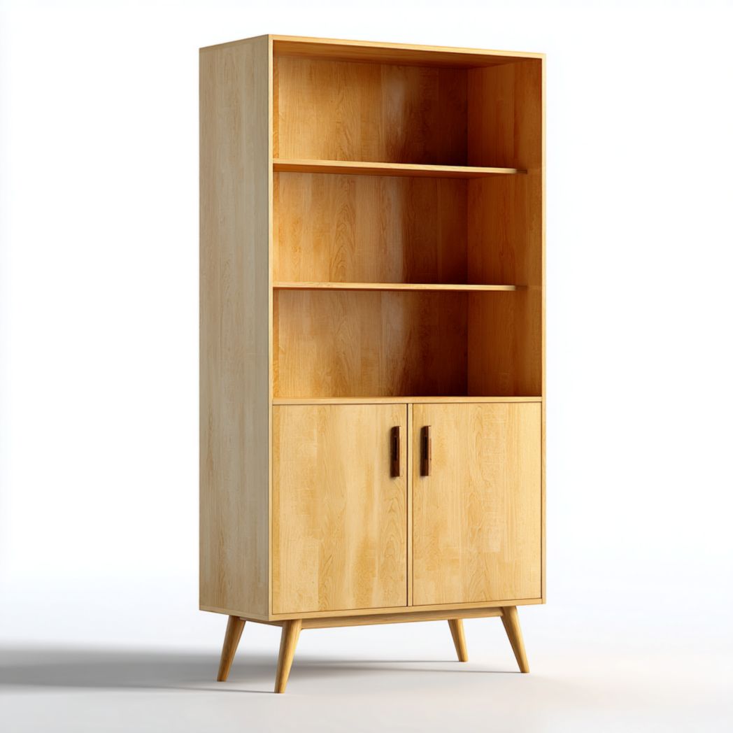 Bibliothèque rectangulaire en bois clair avec portes et étagères ouvertes.