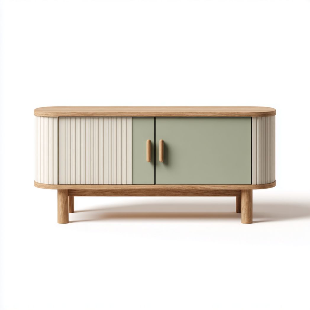 Meuble TV bois à angles arrondis, portes vertes et panneaux striés ivoire