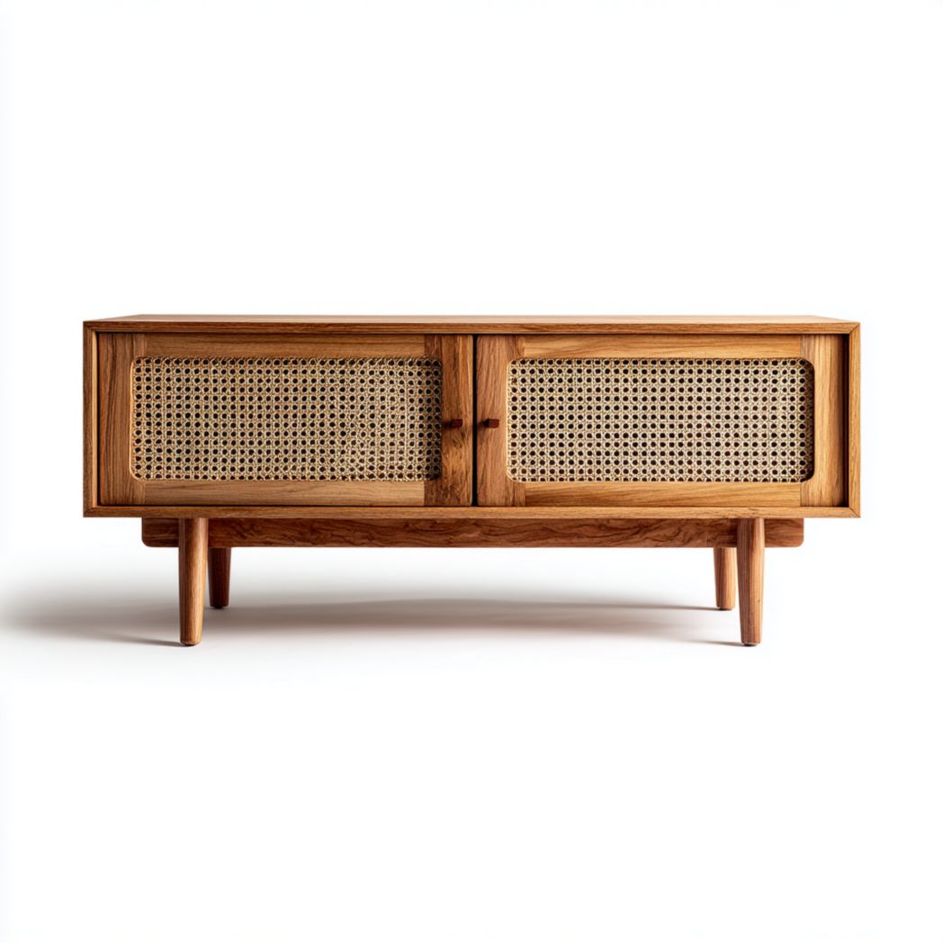 Meuble TV en bois, portes battantes avec panneaux en rotin, finition bois naturel