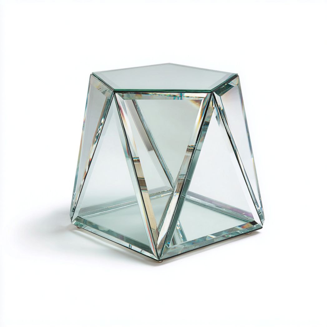 Table d’appoint en verre transparent à structure géométrique polygonale