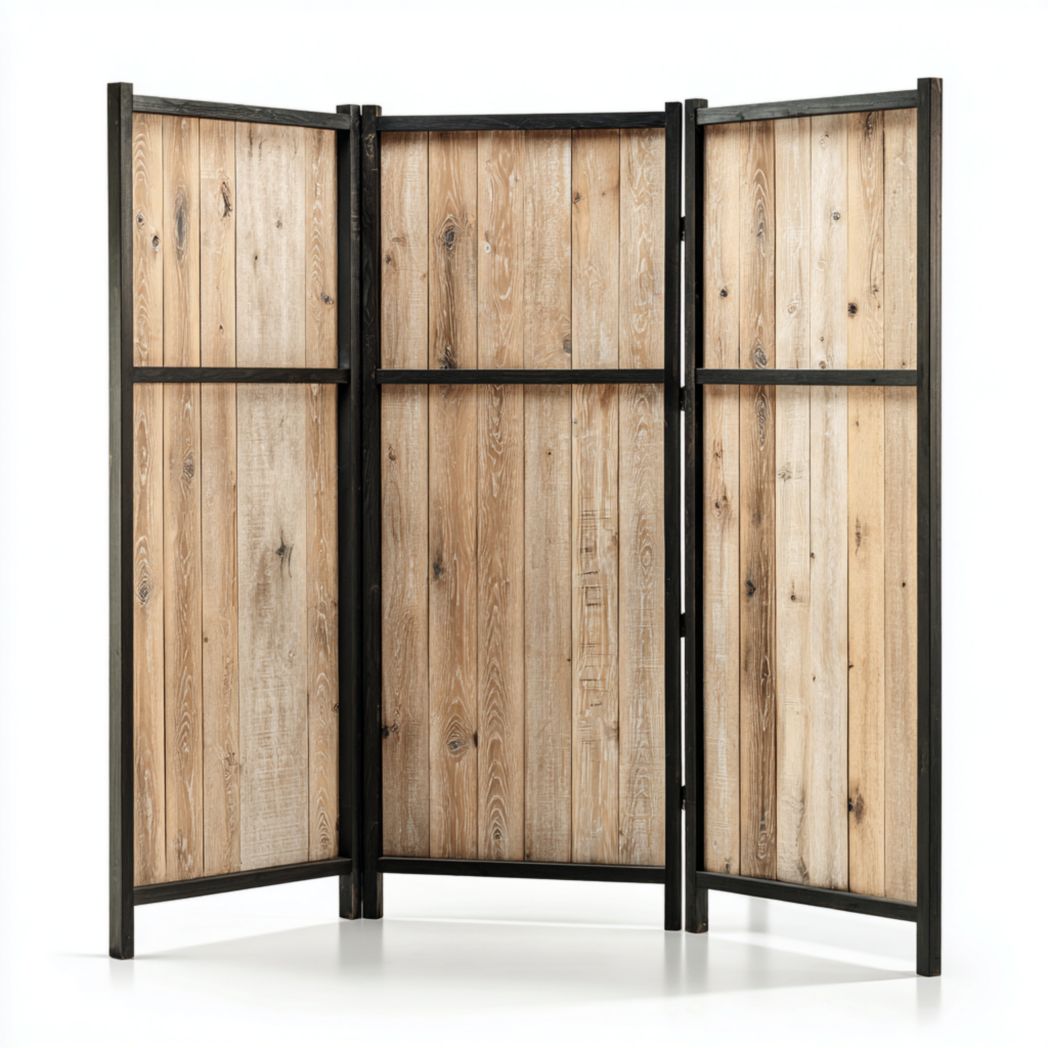 Paravent 3 panneaux bois naturel — panneaux en lames avec cadre noir, design rectangulaire pliant