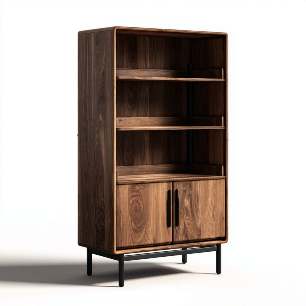 Bibliothèque en bois noyer foncé avec base en métal noir et armoire à deux portes