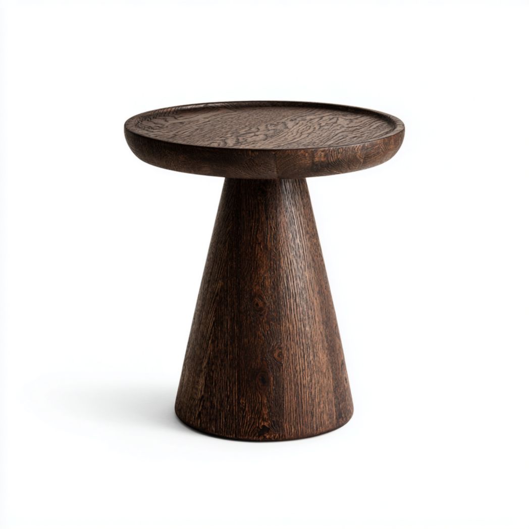 Table d’appoint ronde en bois foncé avec base conique