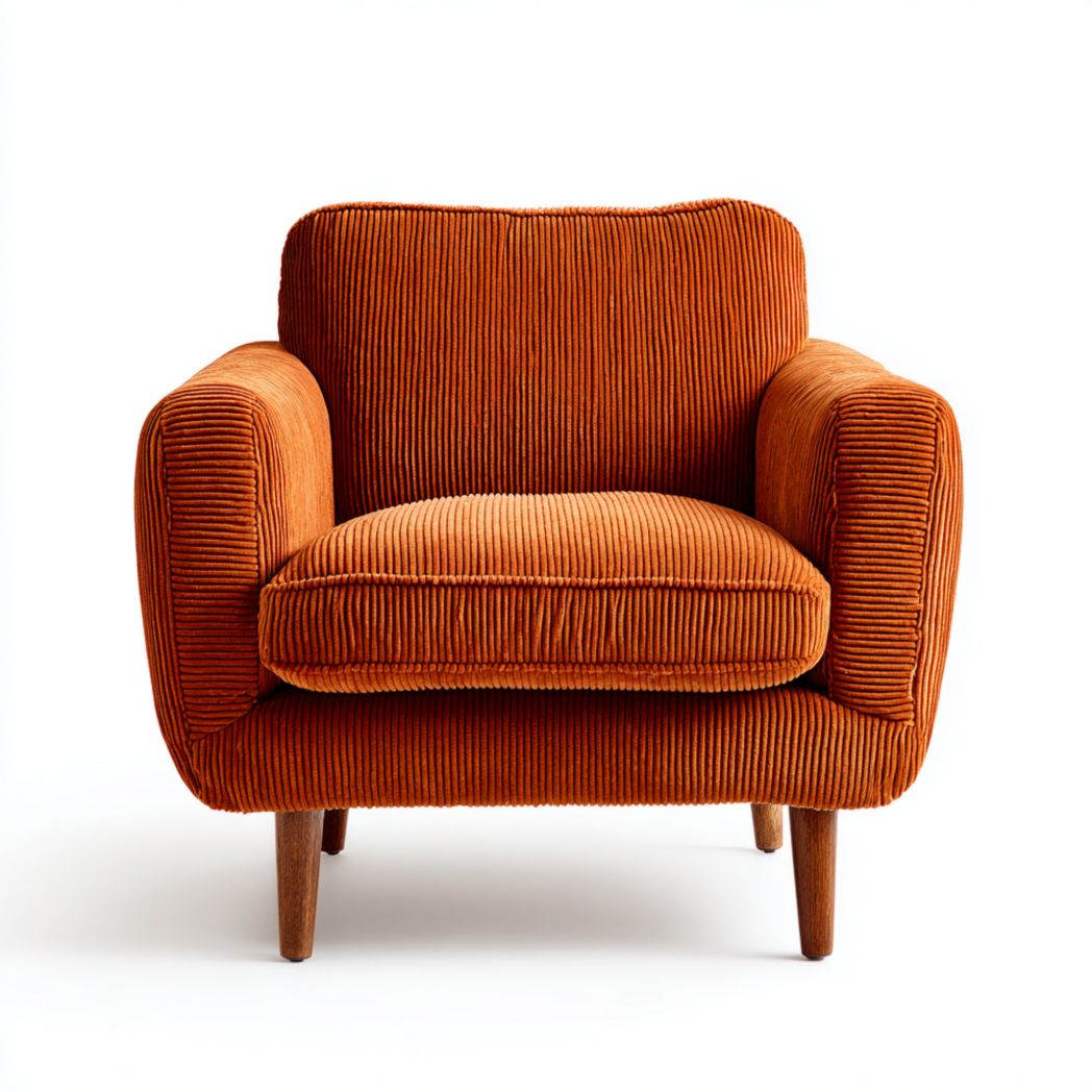 Fauteuil en velours côtelé orange avec coussins épais et pieds coniques en bois