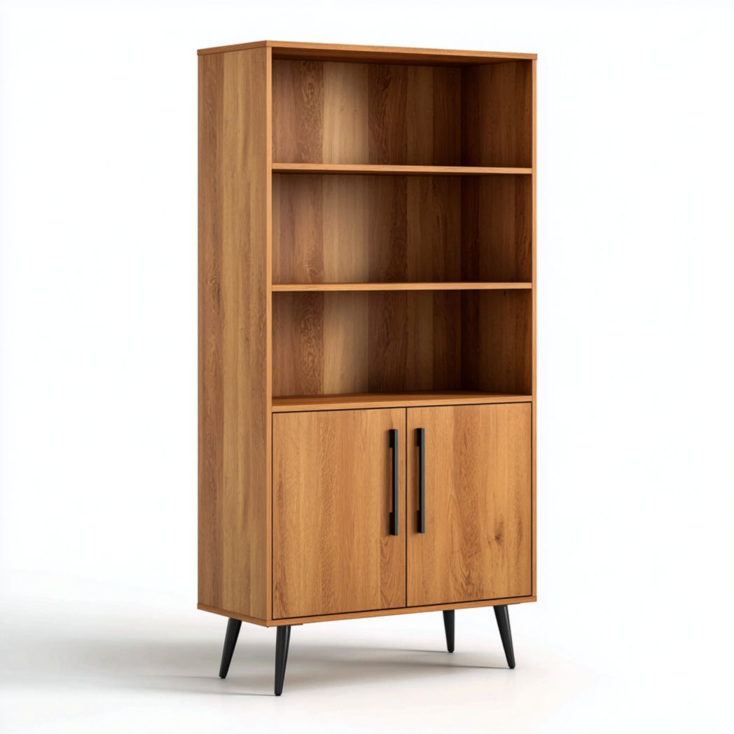 Bibliothèque en bois avec trois étagères ouvertes et portes d'armoire