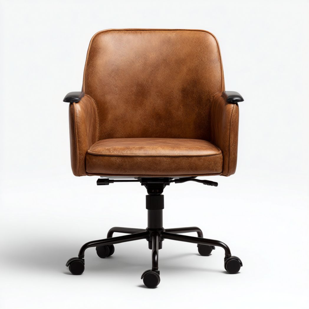 Chaise de bureau pivotante | assise et dossier en cuir brun · accoudoirs noirs · base à 5 roulettes