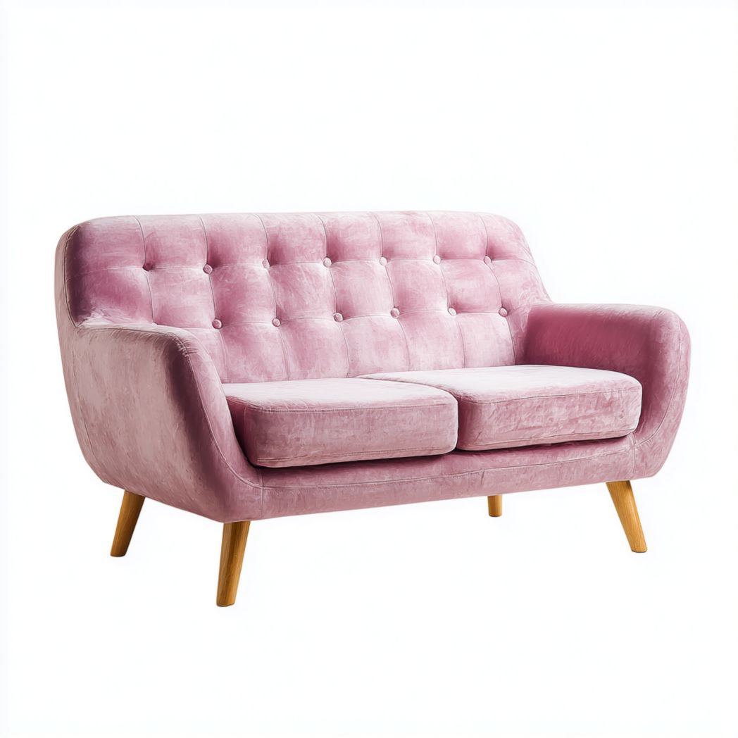 Canapé droit en velours rose, dossier double et pieds en bois