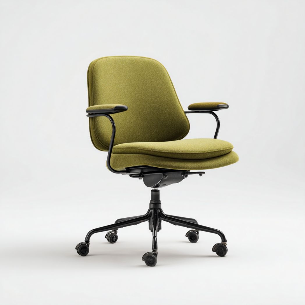 Chaise de bureau pivotante | assise et dossier en tissu vert · accoudoirs en métal noir · base à 5 roulettes