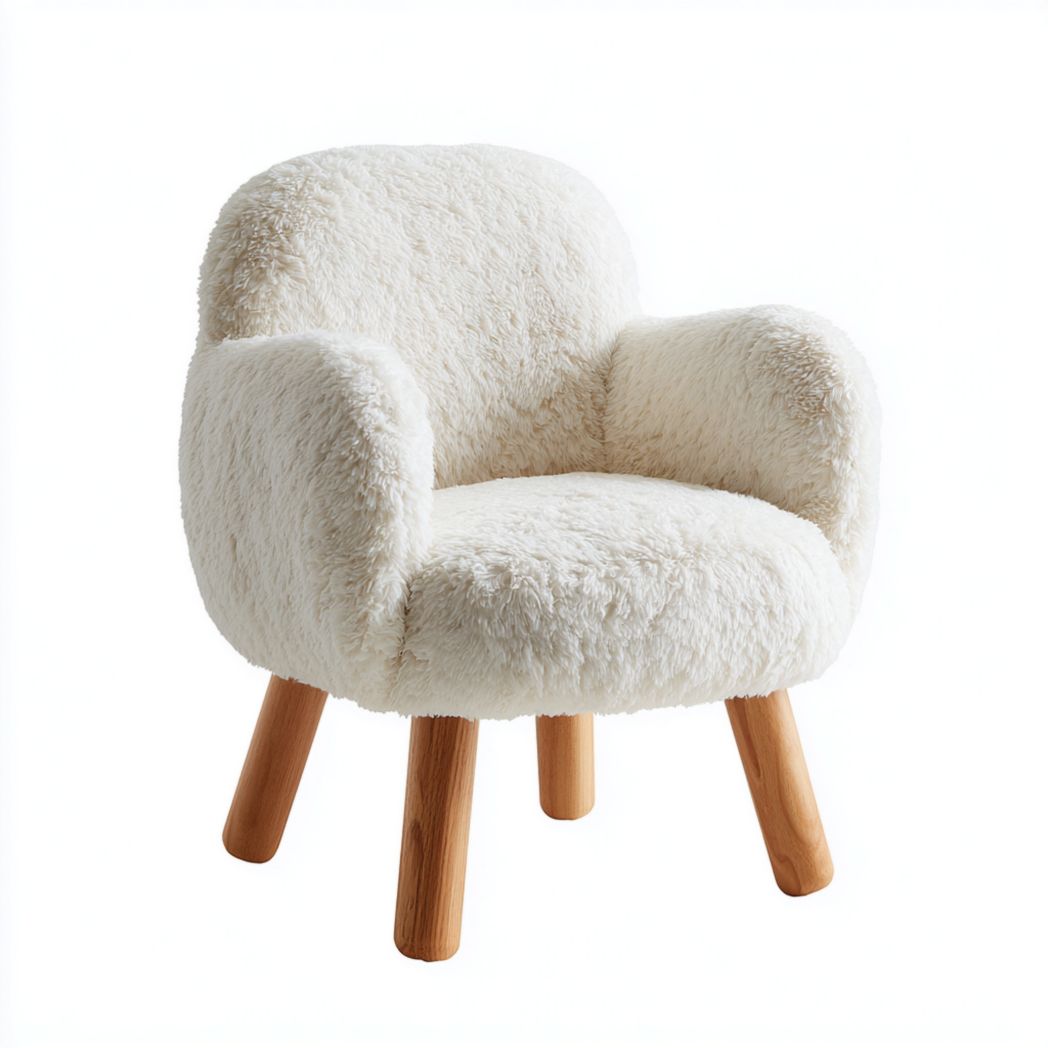 Fauteuil en tissu bouclette blanc cassé avec dossier arrondi et pieds cylindriques en bois