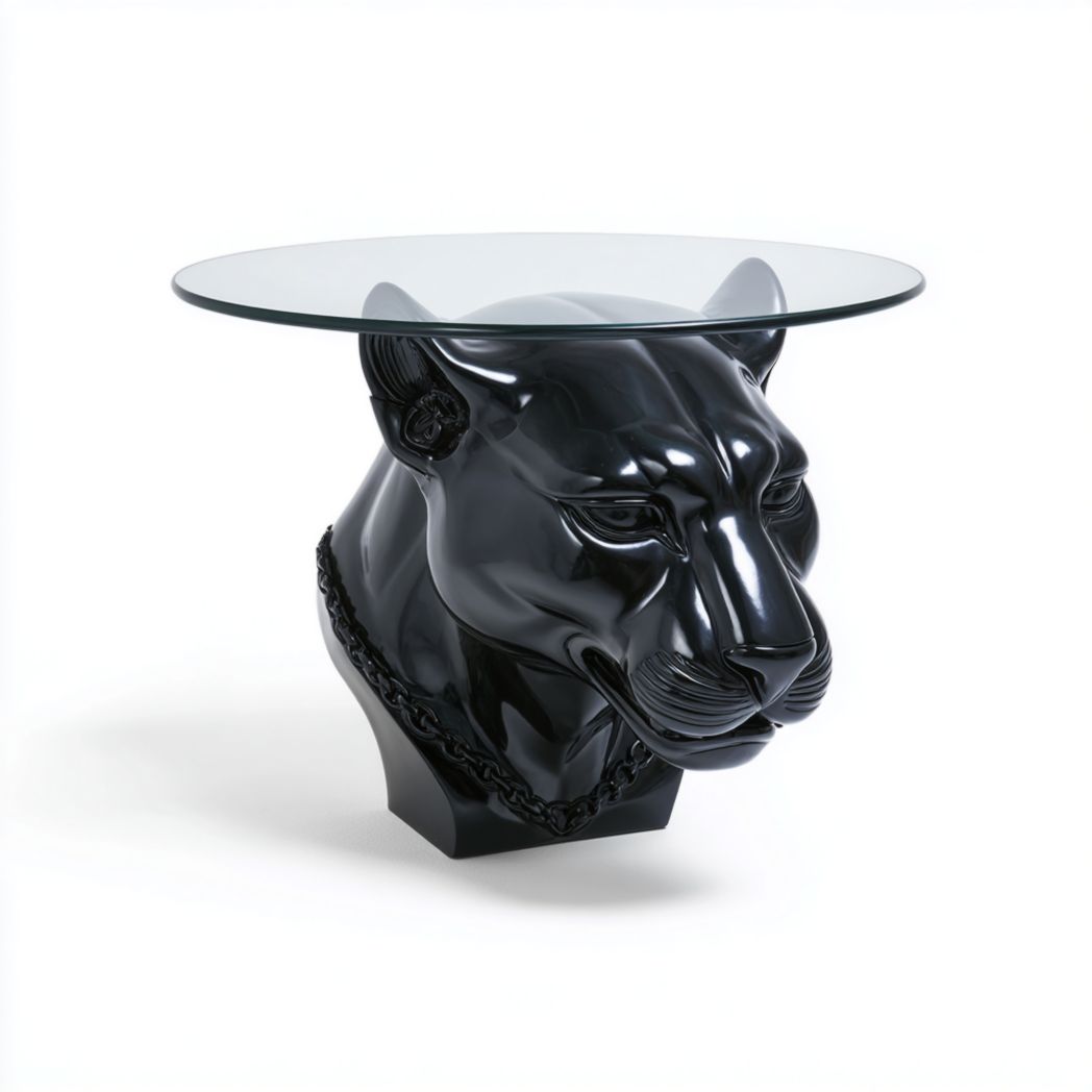 Table d’appoint ronde avec plateau en verre et base en résine noire en forme de panthère