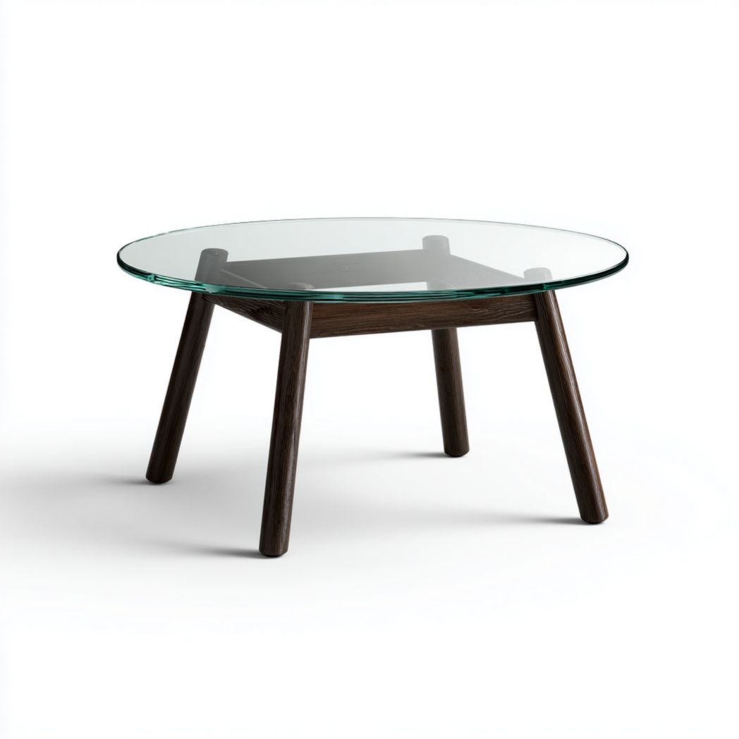 Table basse ronde avec un plateau en verre et un piètement en bois brun foncé.