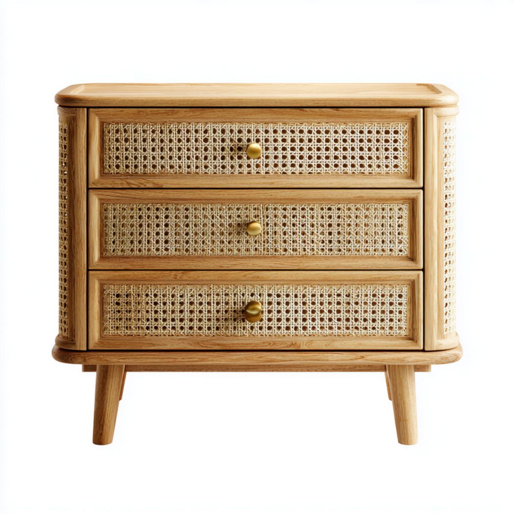 Commode 3 tiroirs | caisson en bois et façades en rotin | angles arrondis | poignées rondes en métal et pieds en bois