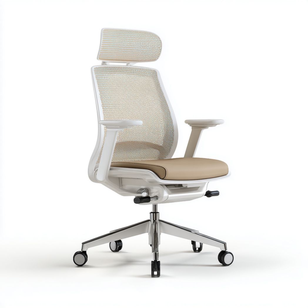 Chaise de bureau pivotante | structure blanche avec dossier et appui-tête en maille respirante · base métallique à 5 roulettes