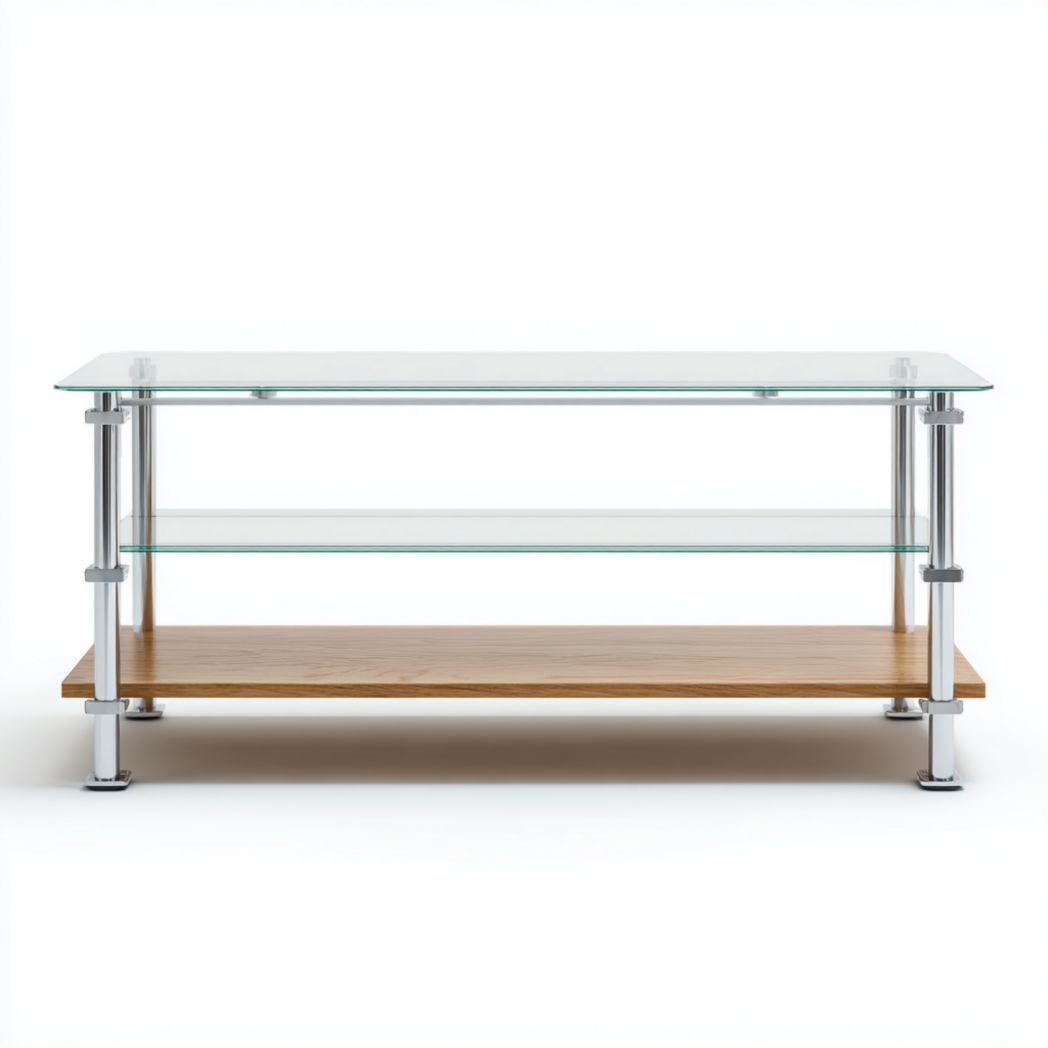 Meuble TV en verre trempé avec base en bois et structure en métal chromé