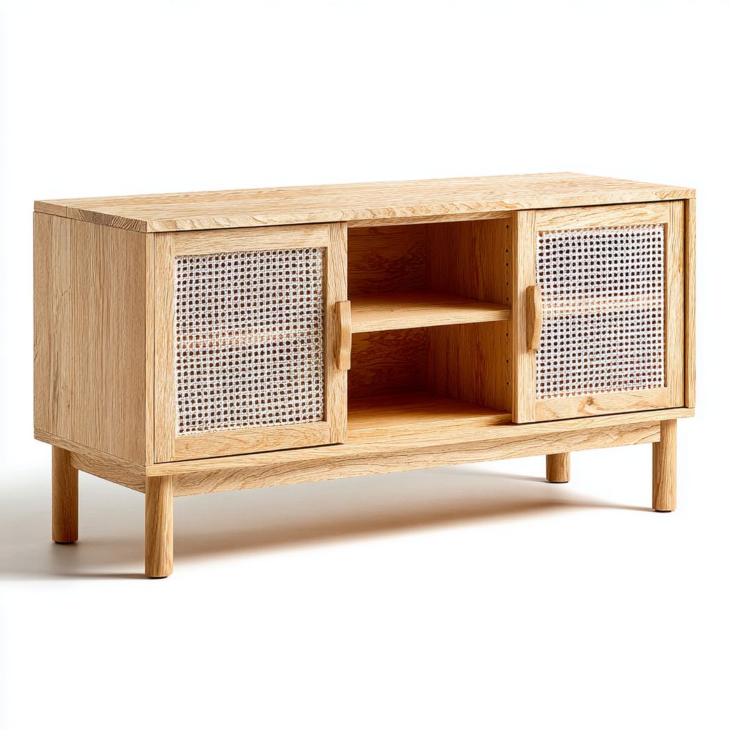 Meuble TV rectangulaire en bois avec portes à treillis tressé et étagère centrale ouverte