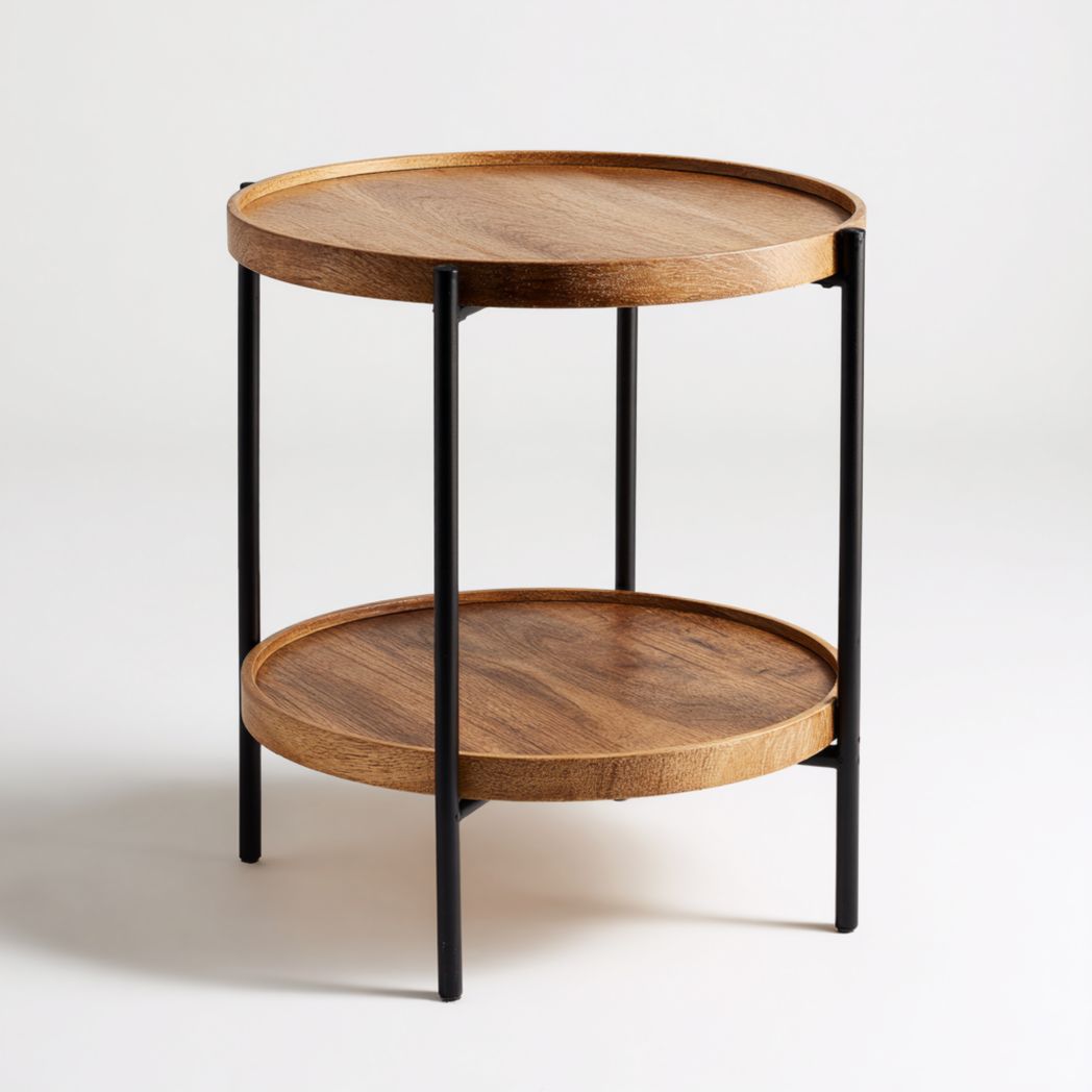 Table d’appoint ronde à deux plateaux en bois et structure métallique noire