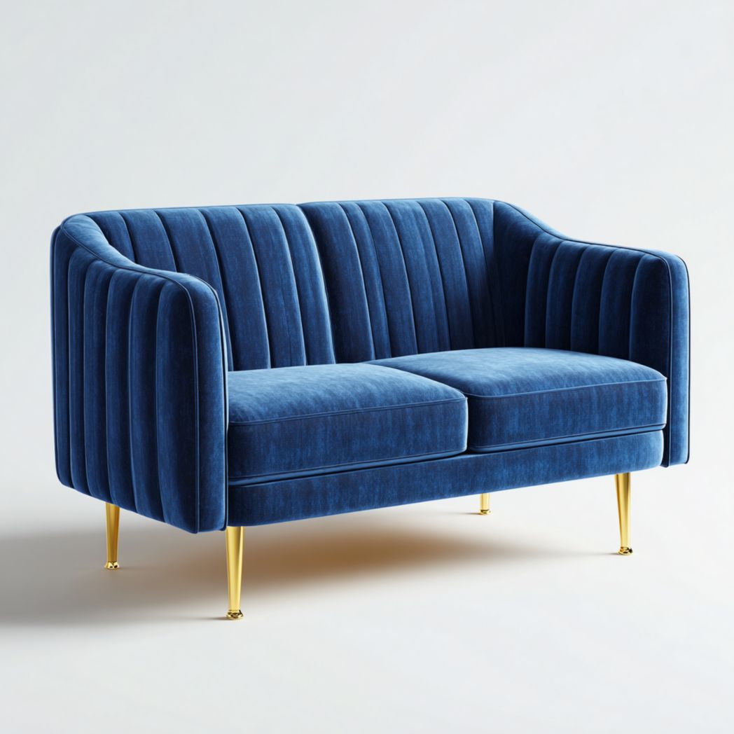 Canapé droit en tissu bleu, dossier à bandes verticales et pieds en métal