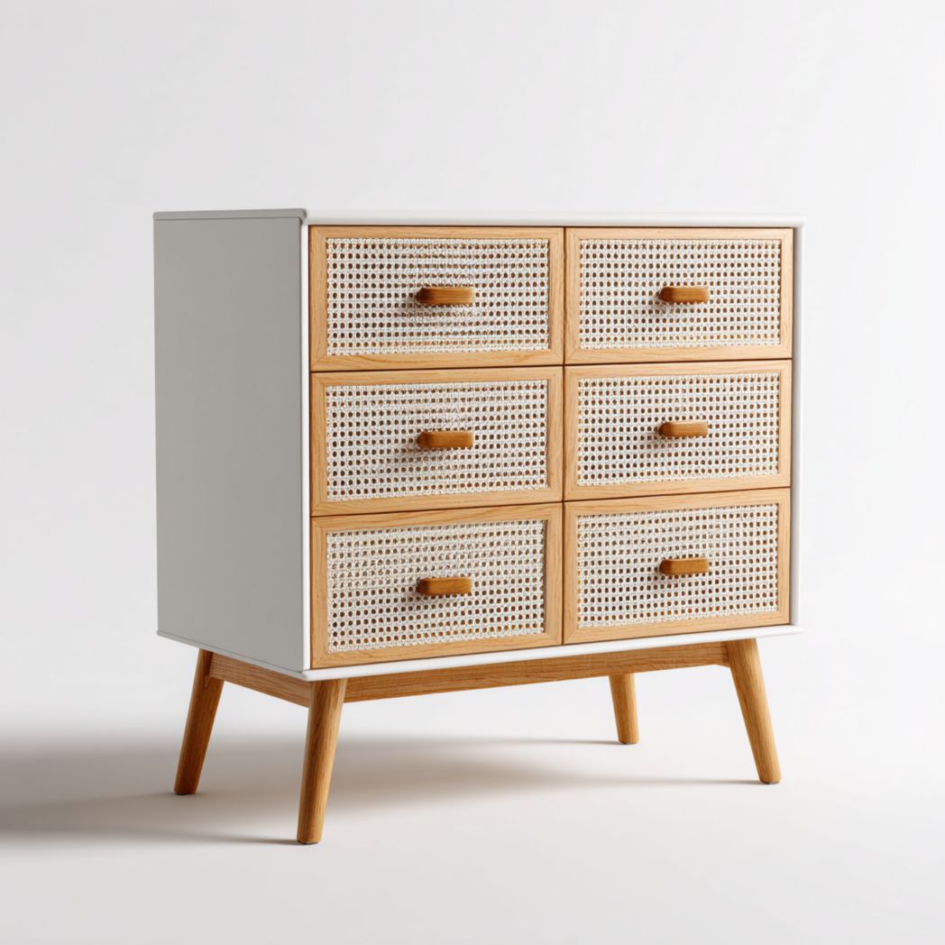 Commode 6 tiroirs | caisson blanc avec cadre en bois | façades en rotin | pieds droits en bois