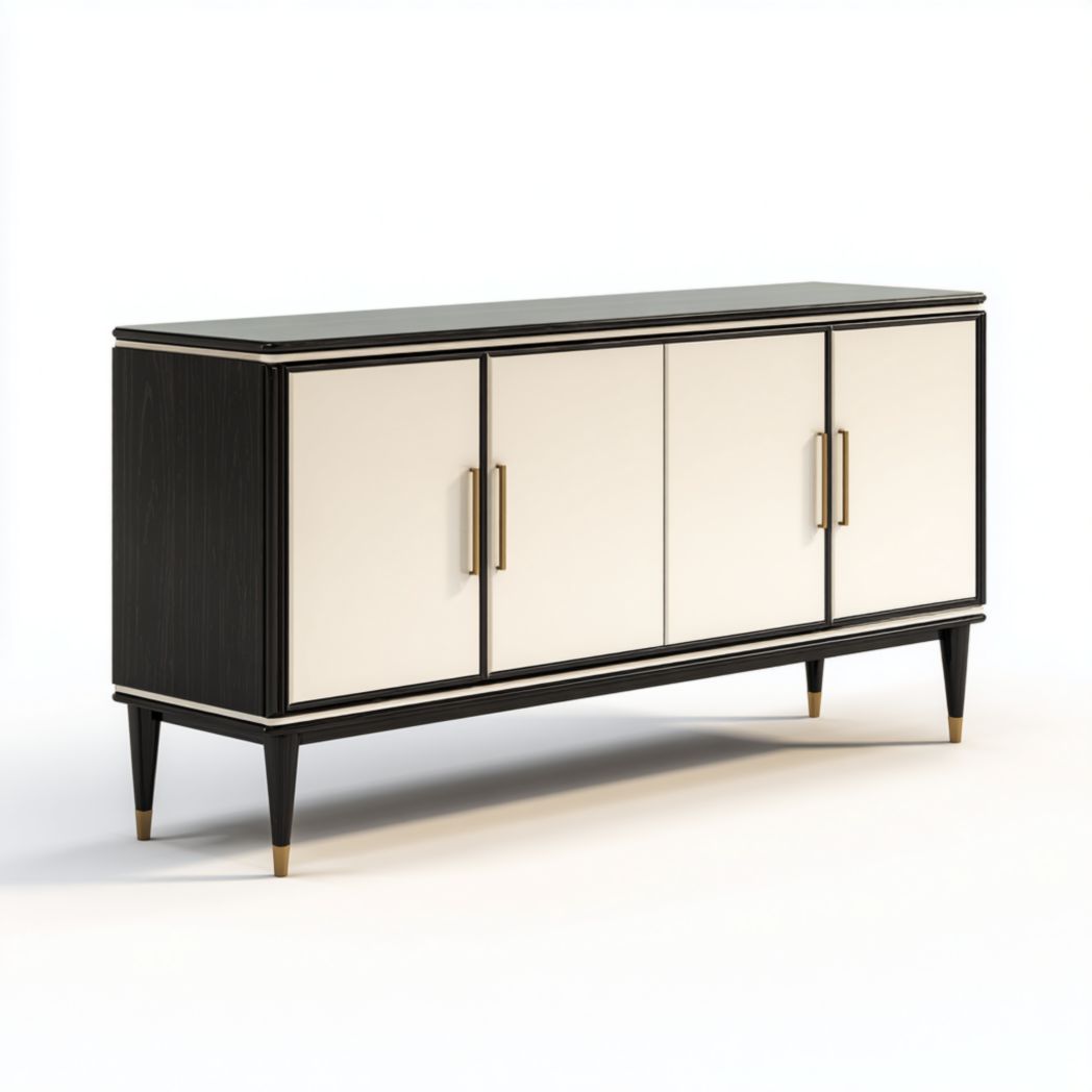 Buffet à quatre portes – structure en bois noir, portes d'armoire blanc cassé, poignées en métal