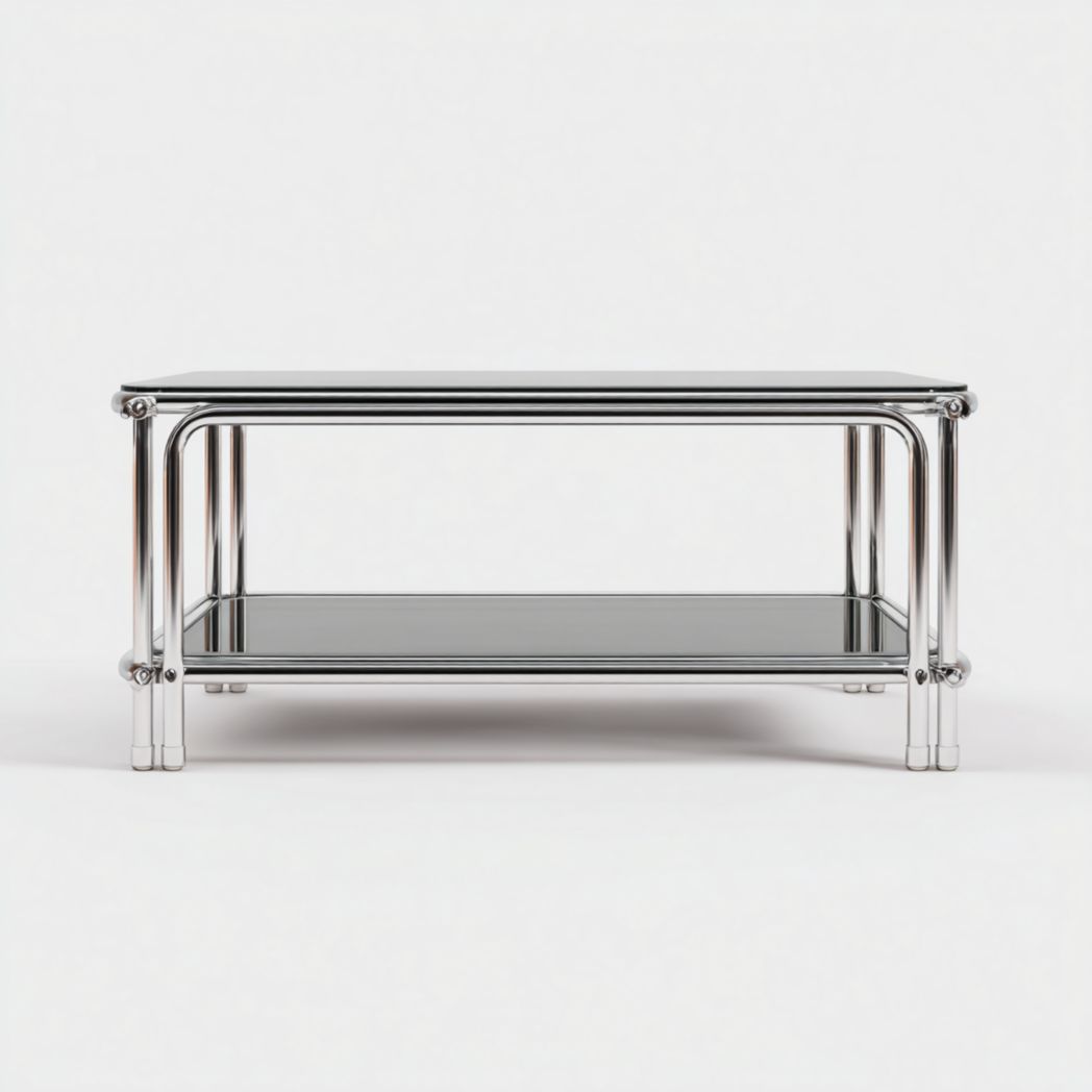 Table basse rectangulaire en acier inoxydable argenté avec double plateau en verre