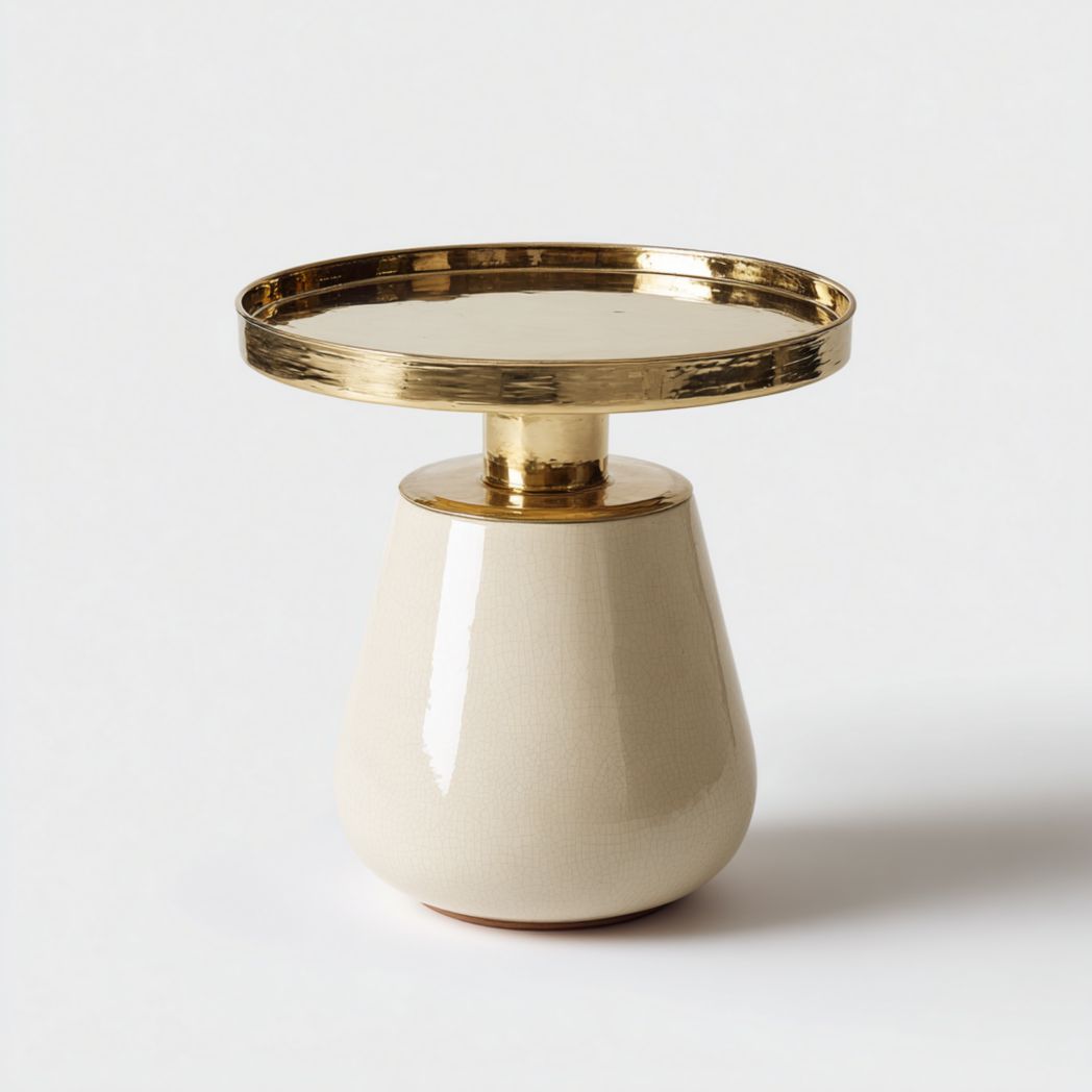 Table d’appoint ronde avec plateau en métal doré et base en céramique beige