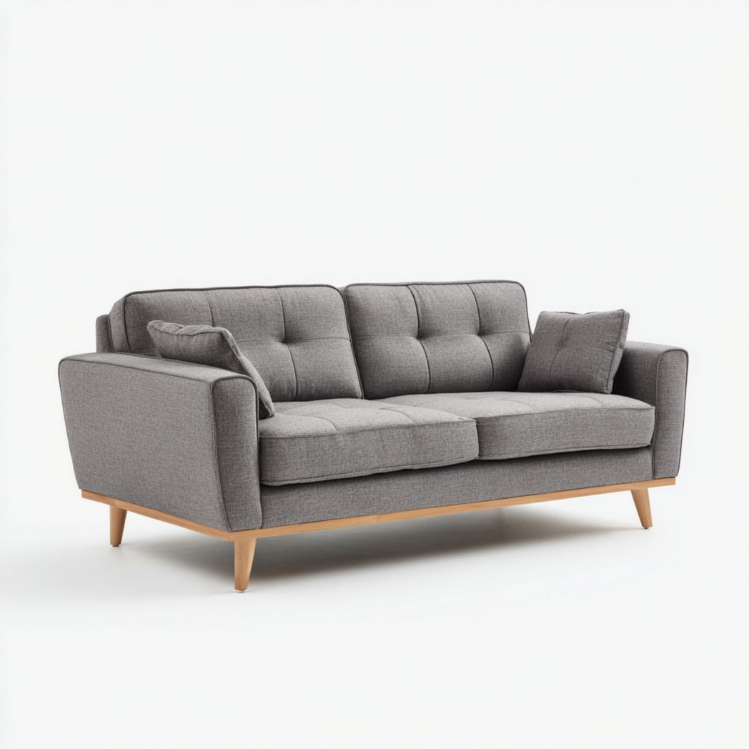 Canapé droit trois places en tissu gris, avec pieds en bois et deux coussins