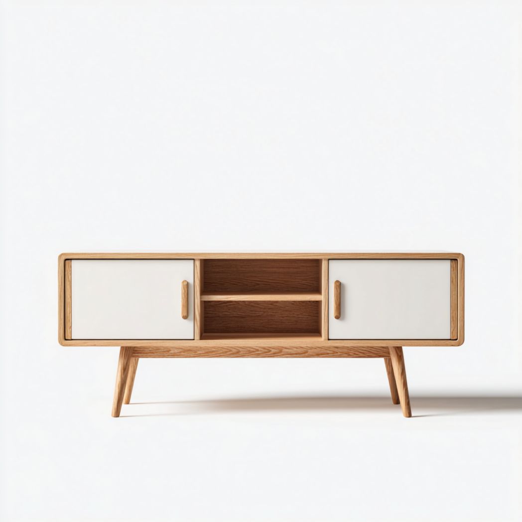 Meuble TV en bois avec portes blanches et compartiments ouverts